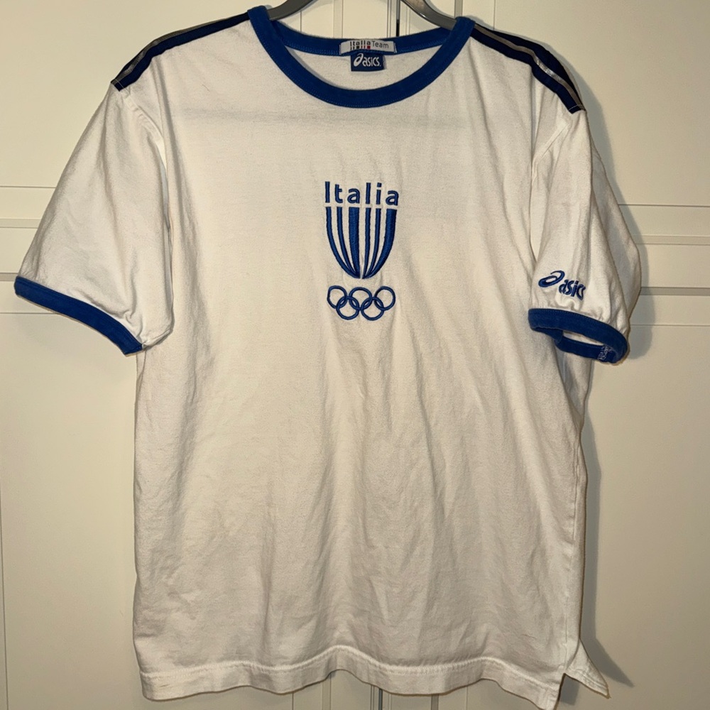 Vintage Asics White and Blue Italia Olympic Tee size L